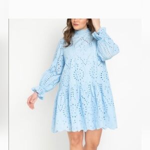 SZ 24 Ruffle Collar and Sleeves Eloqui Eyelet Blue Dress
